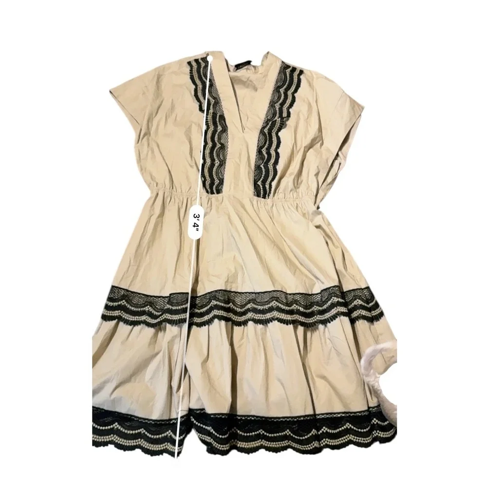Twinset Milano Lace Trim V-Neck Short Sleeve Dress Women's IT 46 Beige Boho Chic - Picture 15 of 15